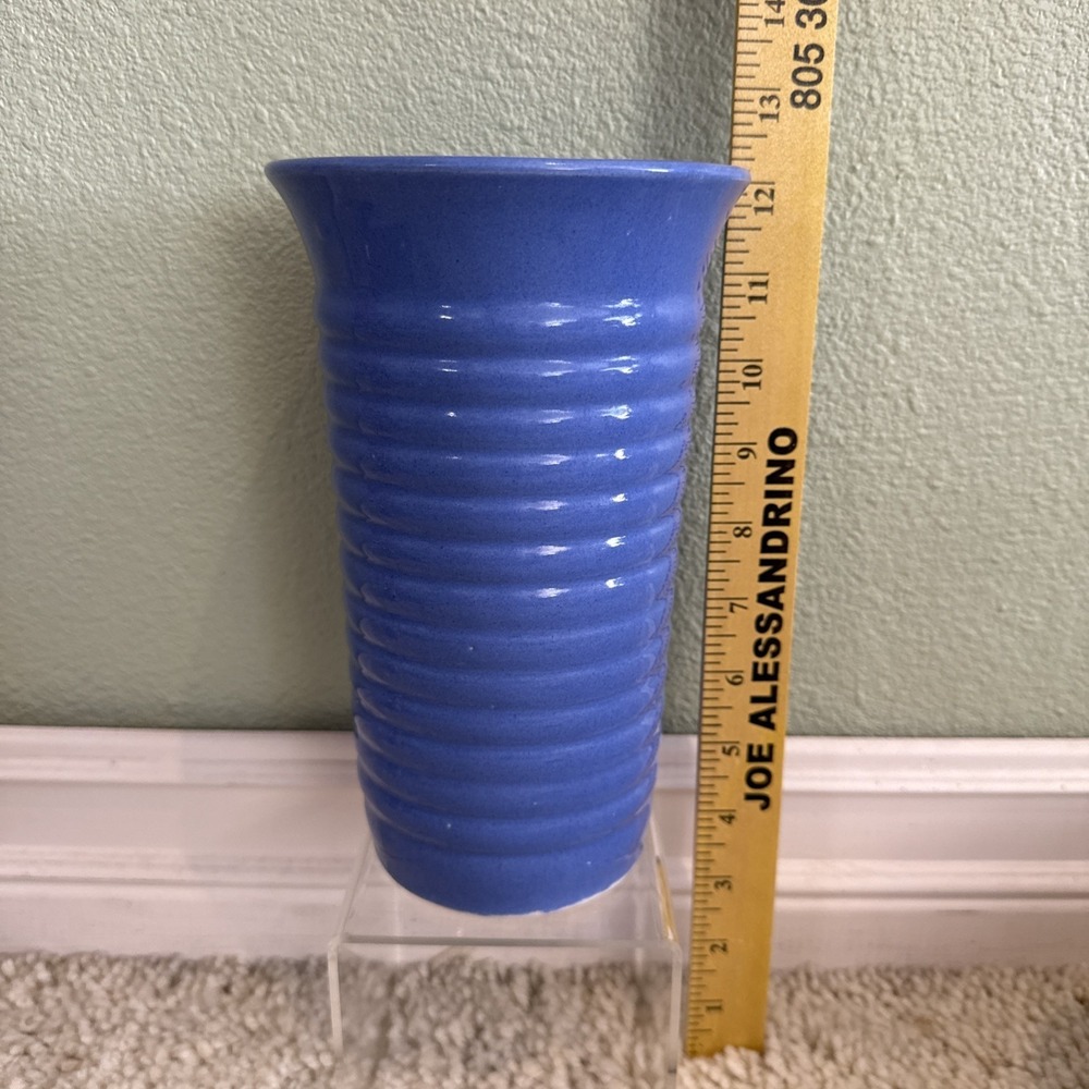 Vintage Hull  Pottery Ring ware Blue Cylinder Vase 8 1/4" Tall